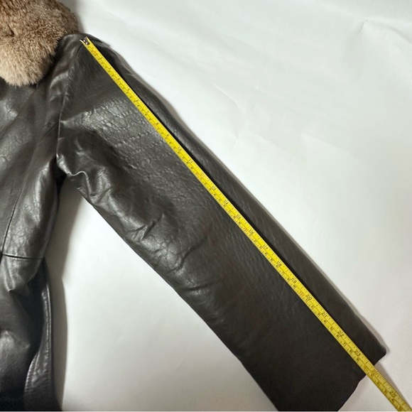 Vintage Long Leather Real Fur Collar Coat Dark Brown Womens Medium - Picture 9 of 12